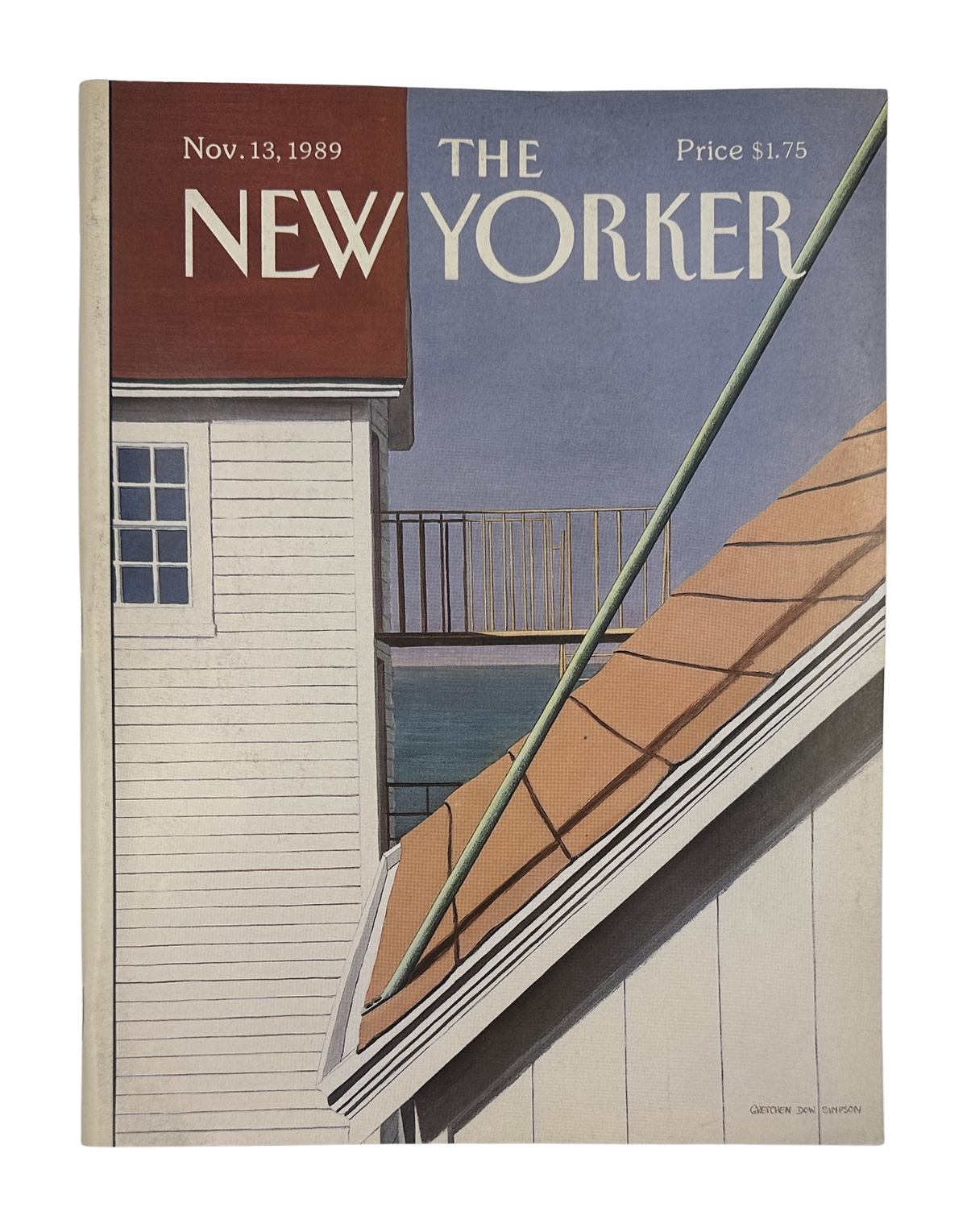 The New Yorker Magazine November 13, 1989 Coastal House Balcony Gretchen Dow Simpson VG, front cover featuring an illustrated coastal house, balcony, rooftops, and green railing.