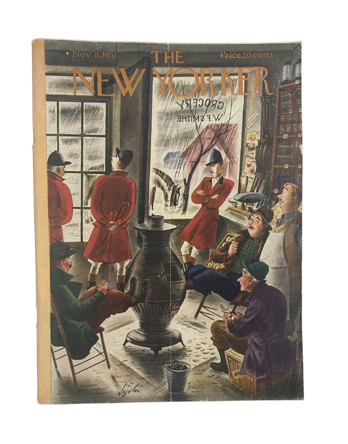 The New Yorker Magazine November 8, 1952 Constantin Aladjalov Club Cover, complete vintage magazine front cover featuring a club scene with patrons gathered around a fireplace.