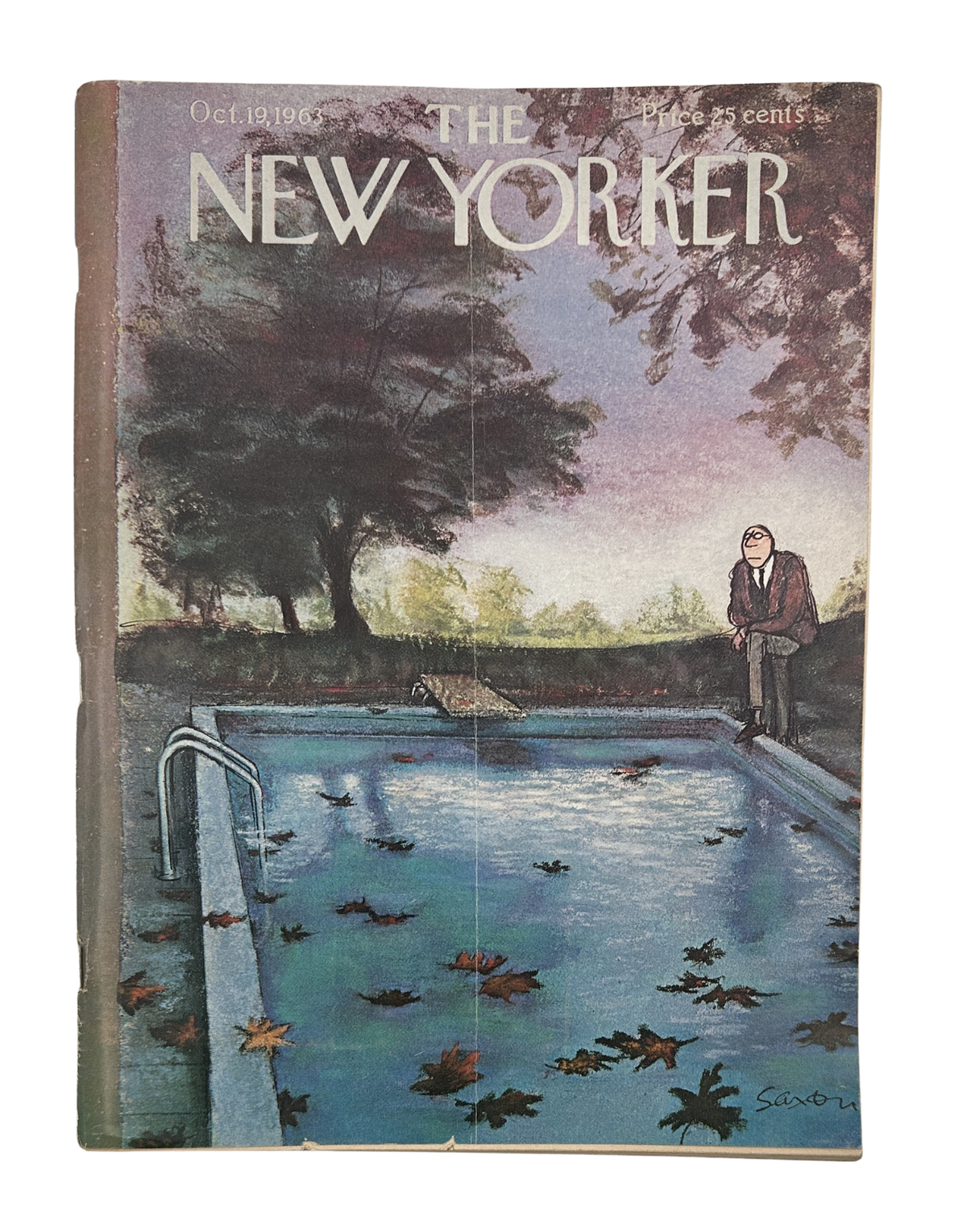 The New Yorker Magazine October 19, 1963 Pool Leaves Charles D. Saxon Cover, vintage magazine front cover featuring a man beside a swimming pool covered with autumn leaves.