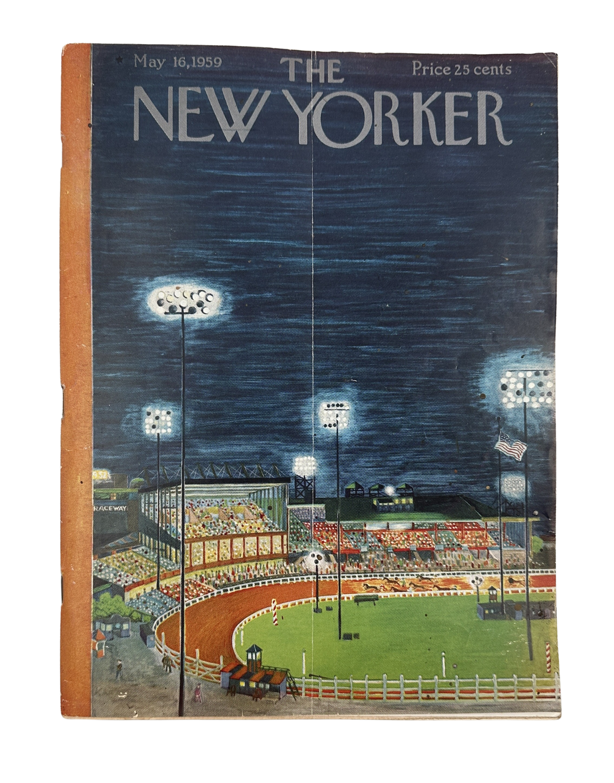 The New Yorker Magazine May 16, 1959 Horse Racing Track Ilonka Karasz Cover, featuring an illustrated nighttime horse racing stadium with illuminated grandstands and track.