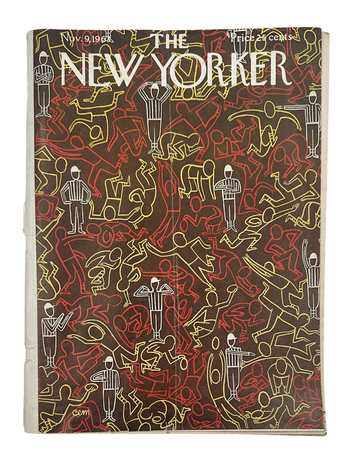 The New Yorker Magazine November 9, 1963 Football Referees Charles Martin Cover, vintage illustrated magazine front cover with colorful football referee figures.