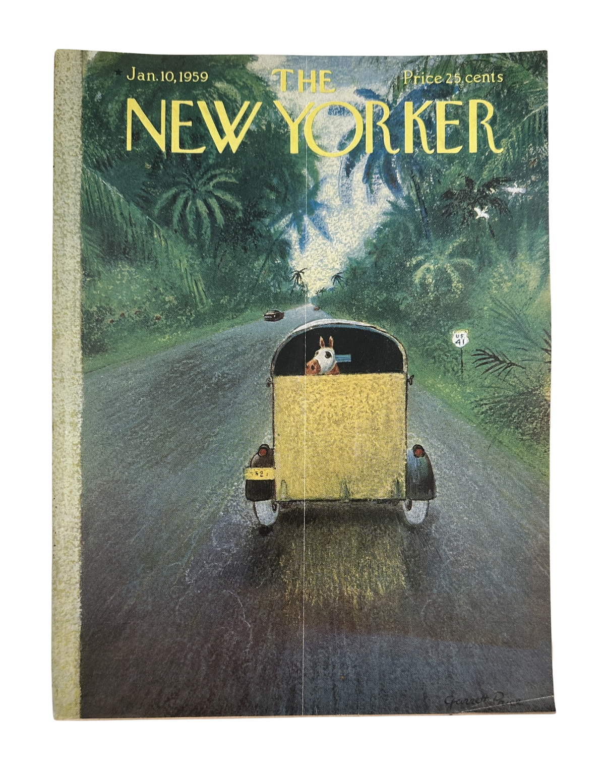 The New Yorker Magazine January 10, 1959 Horse Trailer Garrett Price Cover featuring a yellow horse trailer traveling along a tree-lined road.