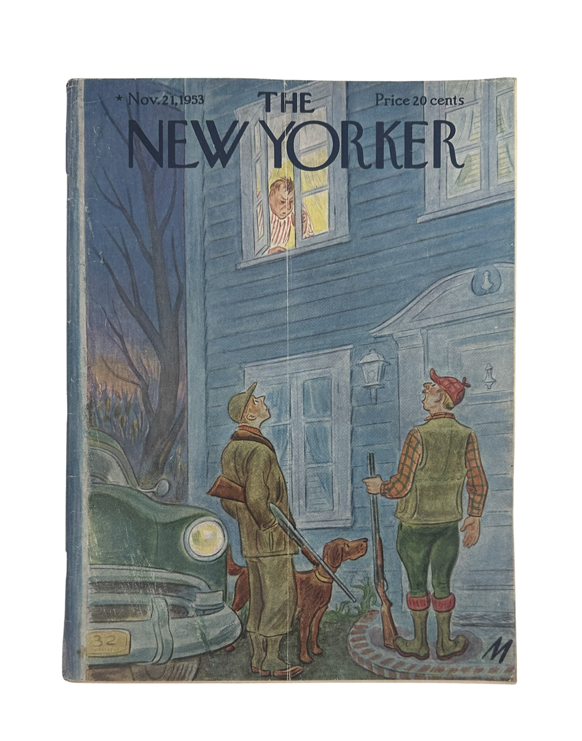 The New Yorker Magazine November 21, 1953 Christmas Gifts Julian de Miskey Cover, vintage illustrated cover showing two men with a dog outside a blue house at night