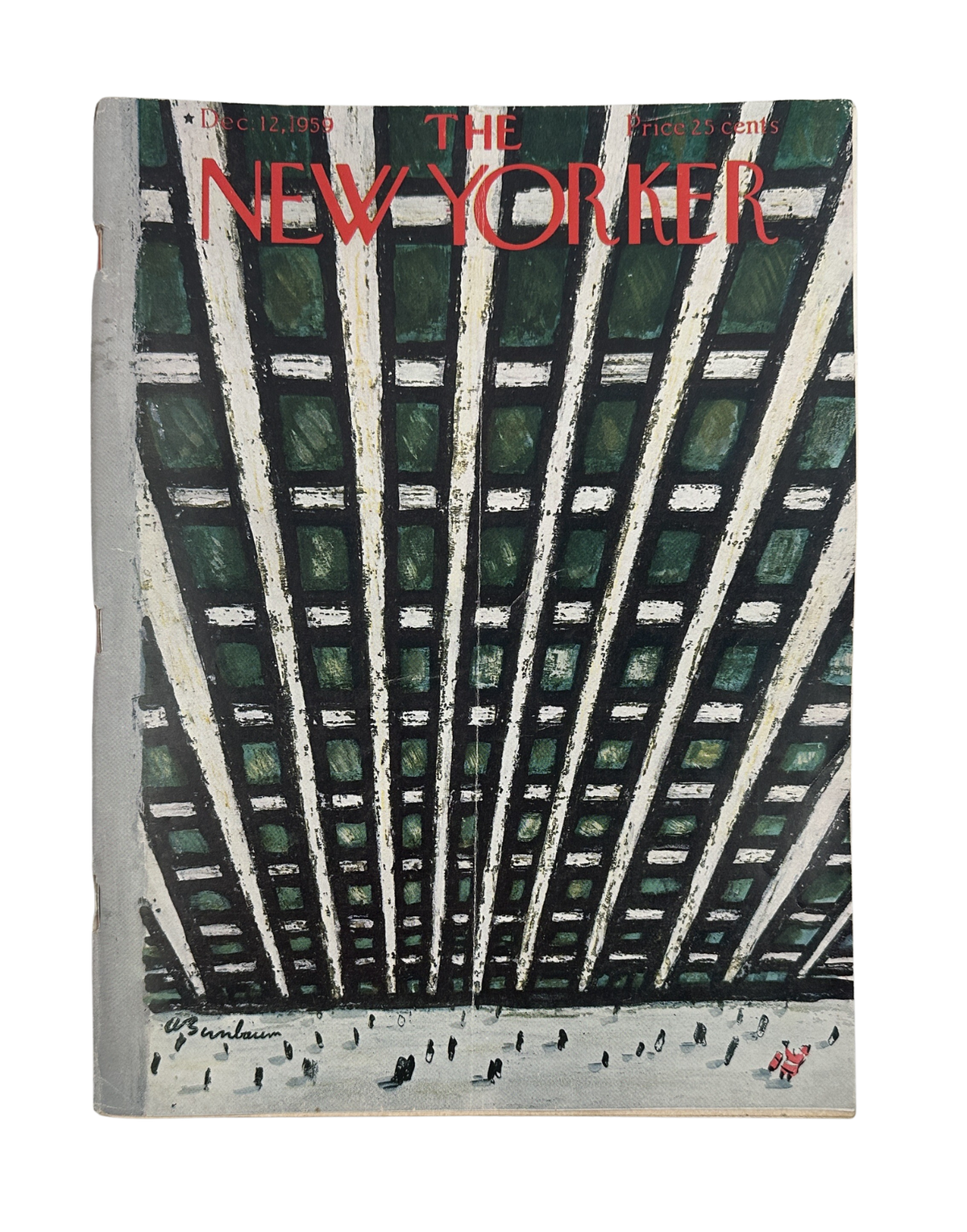 The New Yorker Magazine December 12, 1959 Skyscraper Pedestrians Abe Birnbaum Cover, complete front cover featuring a stylized skyscraper view and pedestrians below.