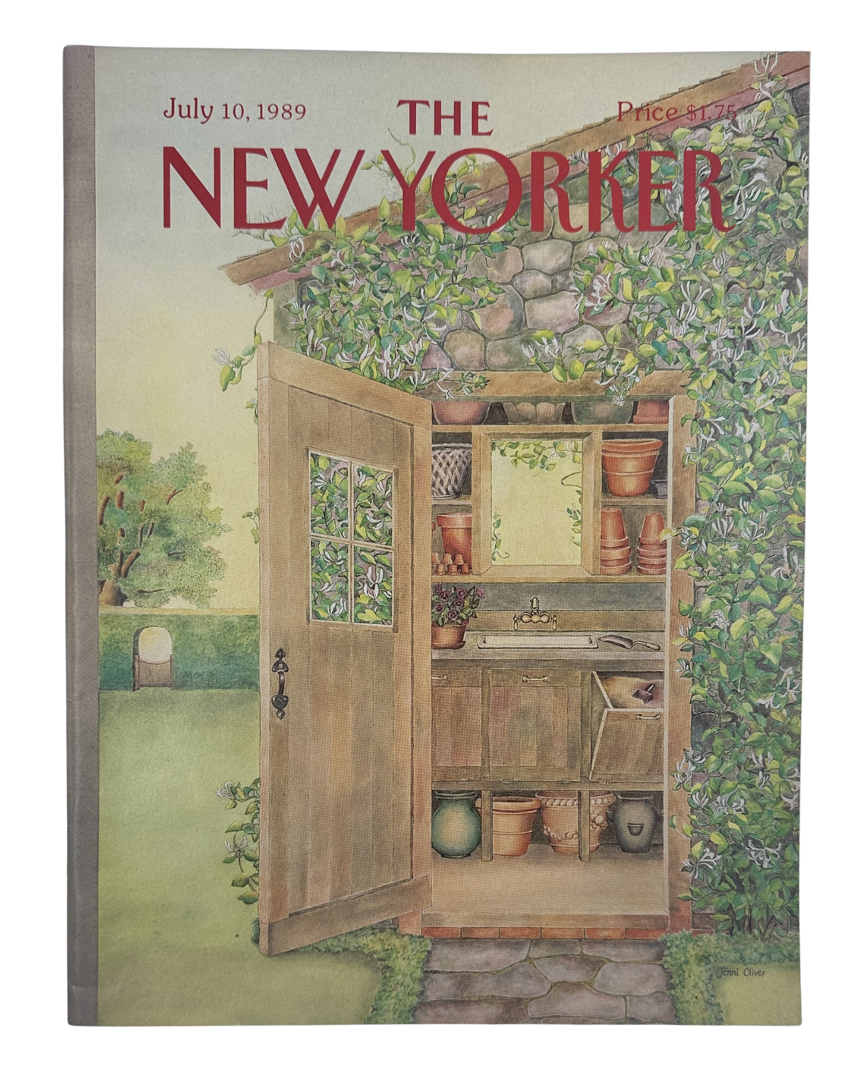 The New Yorker Magazine July 10, 1989 Garden Shed Flower Jenni Oliver Cover VG, front cover featuring an illustrated garden shed surrounded by flowers and greenery.