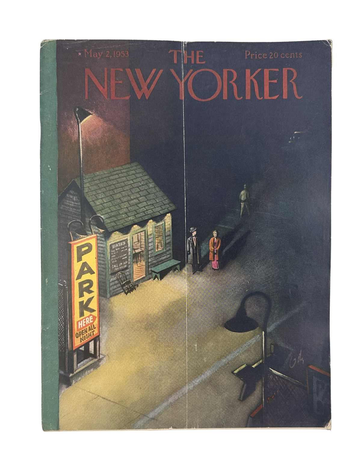 The New Yorker Magazine May 2, 1953 Parking Lot Night Arthur Getz Cover, featuring a nighttime parking lot illustration with a glowing parking sign and storefronts.