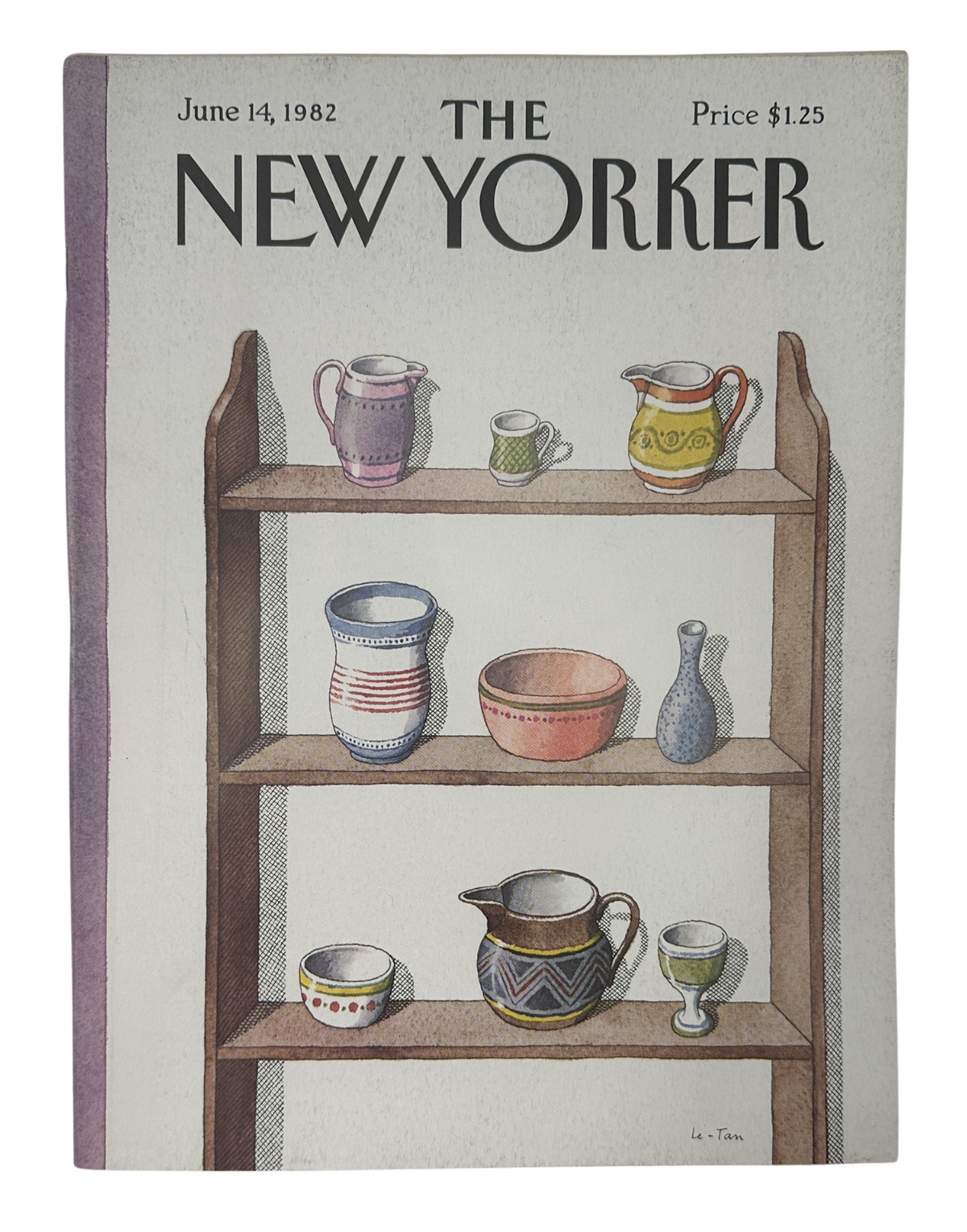 The New Yorker Magazine June 14, 1982 Pottery Shelf Display Pierre Le-Tan Cover VG, featuring illustrated pottery arranged on wooden shelves.