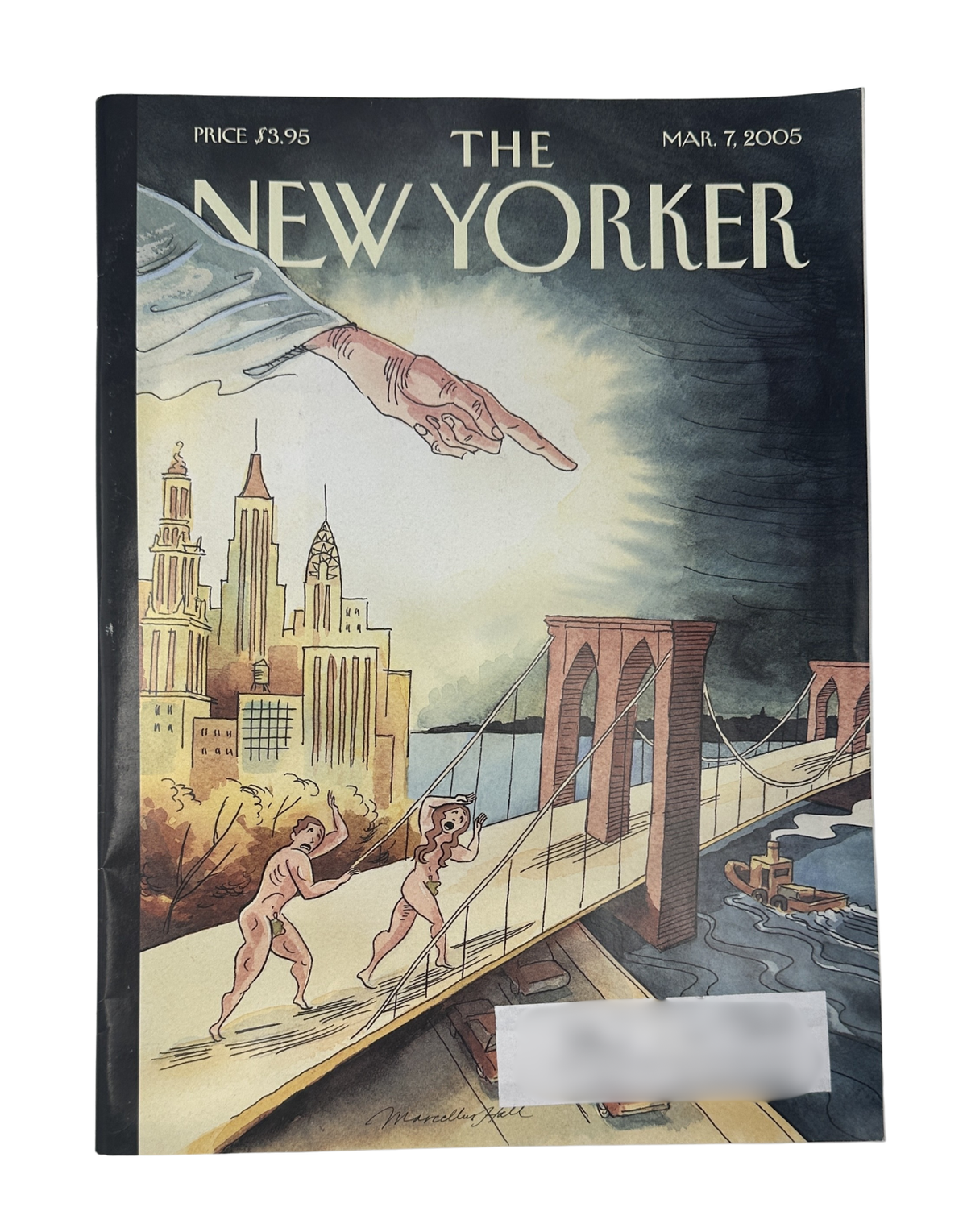 The New Yorker Magazine March 7, 2005 Eden Bridge City Marcellus Hall Cover VG, featuring the illustrated Eden Bridge cover artwork with New York City skyline and runners on a bridge.