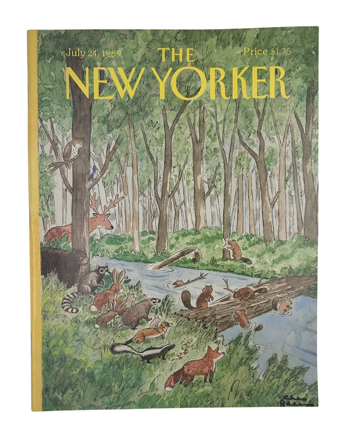 The New Yorker Magazine July 24, 1989 Woodland Animals River Charles Addams Cover VG, featuring an illustrated forest river scene with rabbits, deer, birds, squirrels, and other woodland animals.