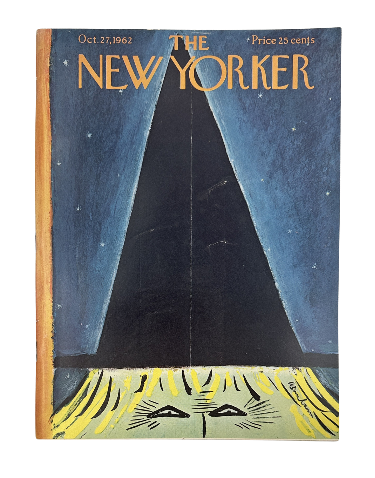 The New Yorker Magazine October 27, 1962 Stage Curtain Abe Birnbaum Cover featuring a dark blue theater stage curtain opening onto a yellow floor design.
