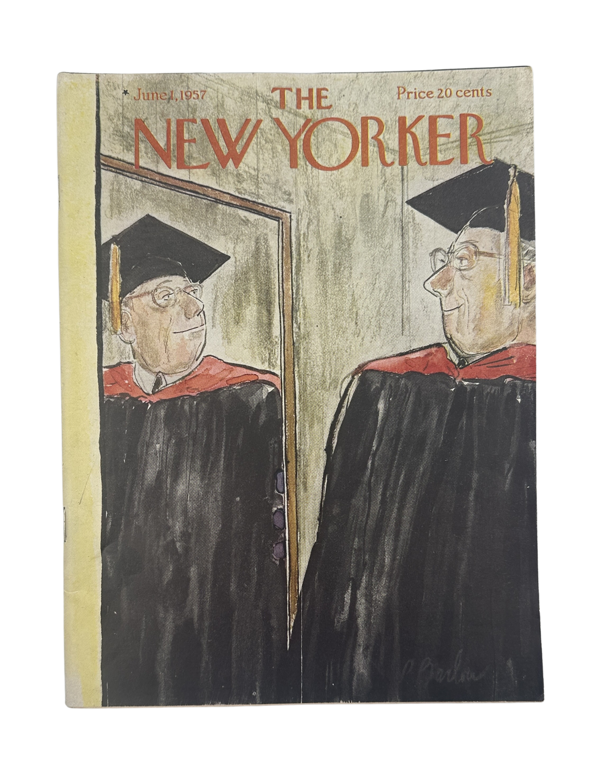 The New Yorker Magazine June 1, 1957 Graduation Perry Barlow Cover featuring two graduates in academic caps and gowns reflected in a mirror