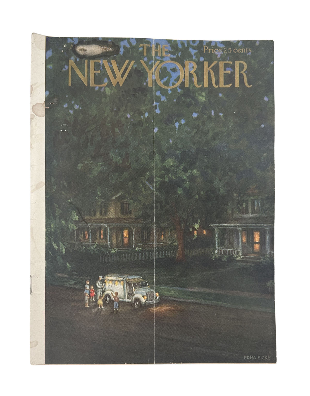 The New Yorker Magazine August 24, 1957 Ice Cream Truck Edna Eicke Cover, featuring a vintage nighttime ice cream truck scene on a tree-lined residential street.