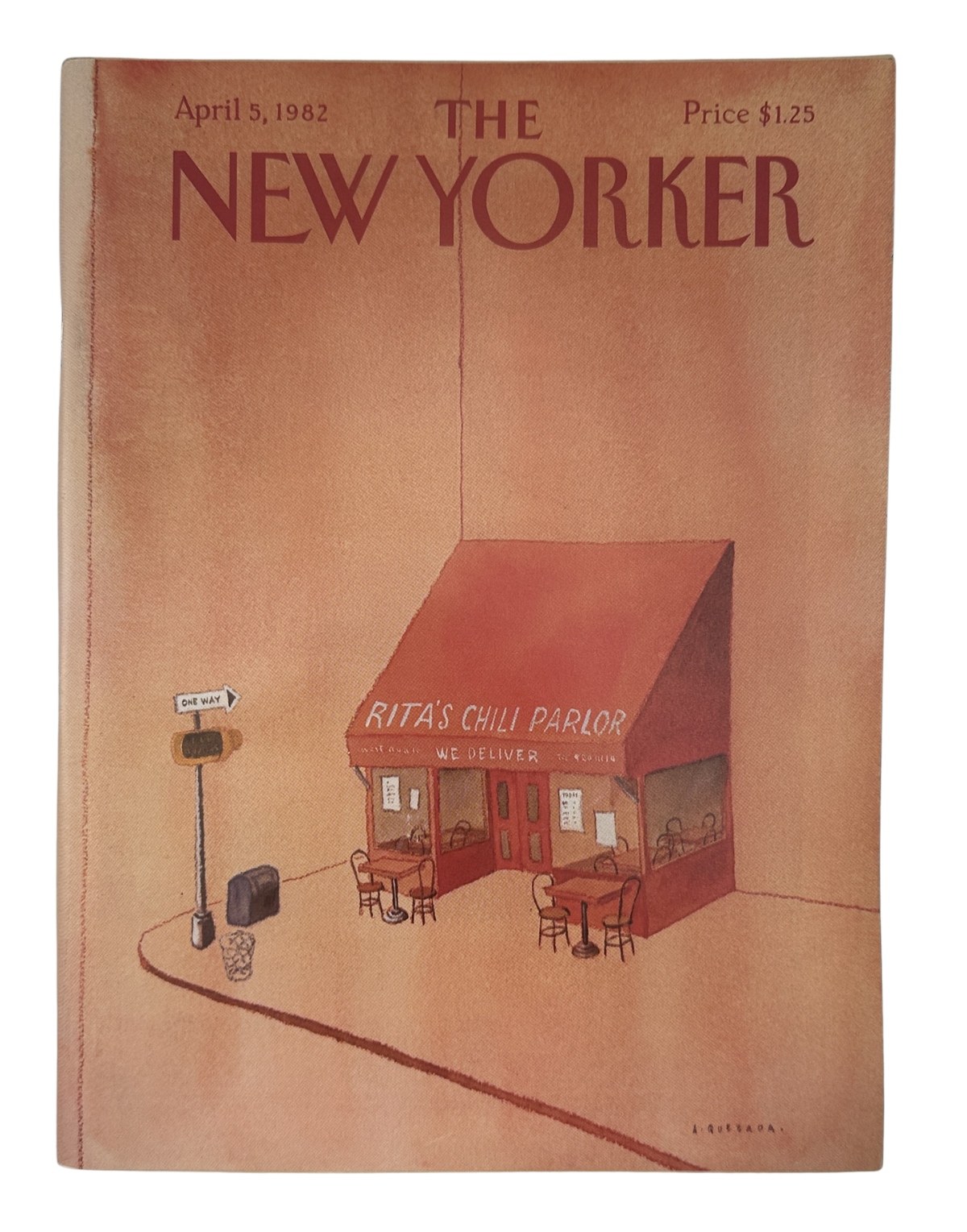 The New Yorker Magazine April 5, 1982 Rita's Chili Parlor Abel Quezada Cover VG, front cover featuring an illustrated roadside chili parlor.