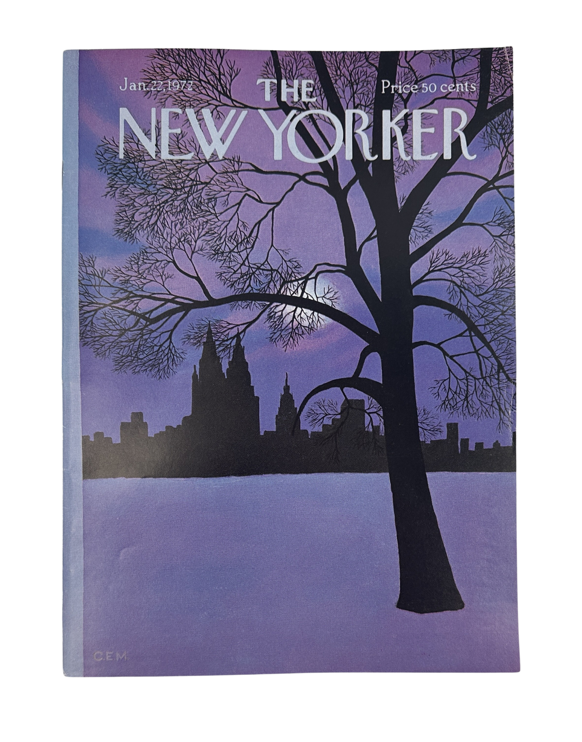 The New Yorker Magazine January 22, 1972 Winter Skyline Moon Charles Martin Cover VG, front cover featuring a purple winter skyline, moonlit scene, and silhouetted tree