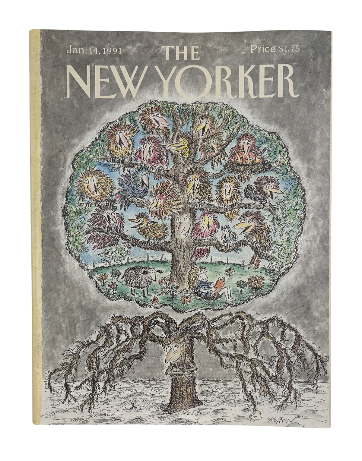 The New Yorker Magazine January 14, 1991 Winter Bird Tree Edward Koren Cover VG, featuring an illustrated tree filled with colorful birds and a woodland scene beneath it.