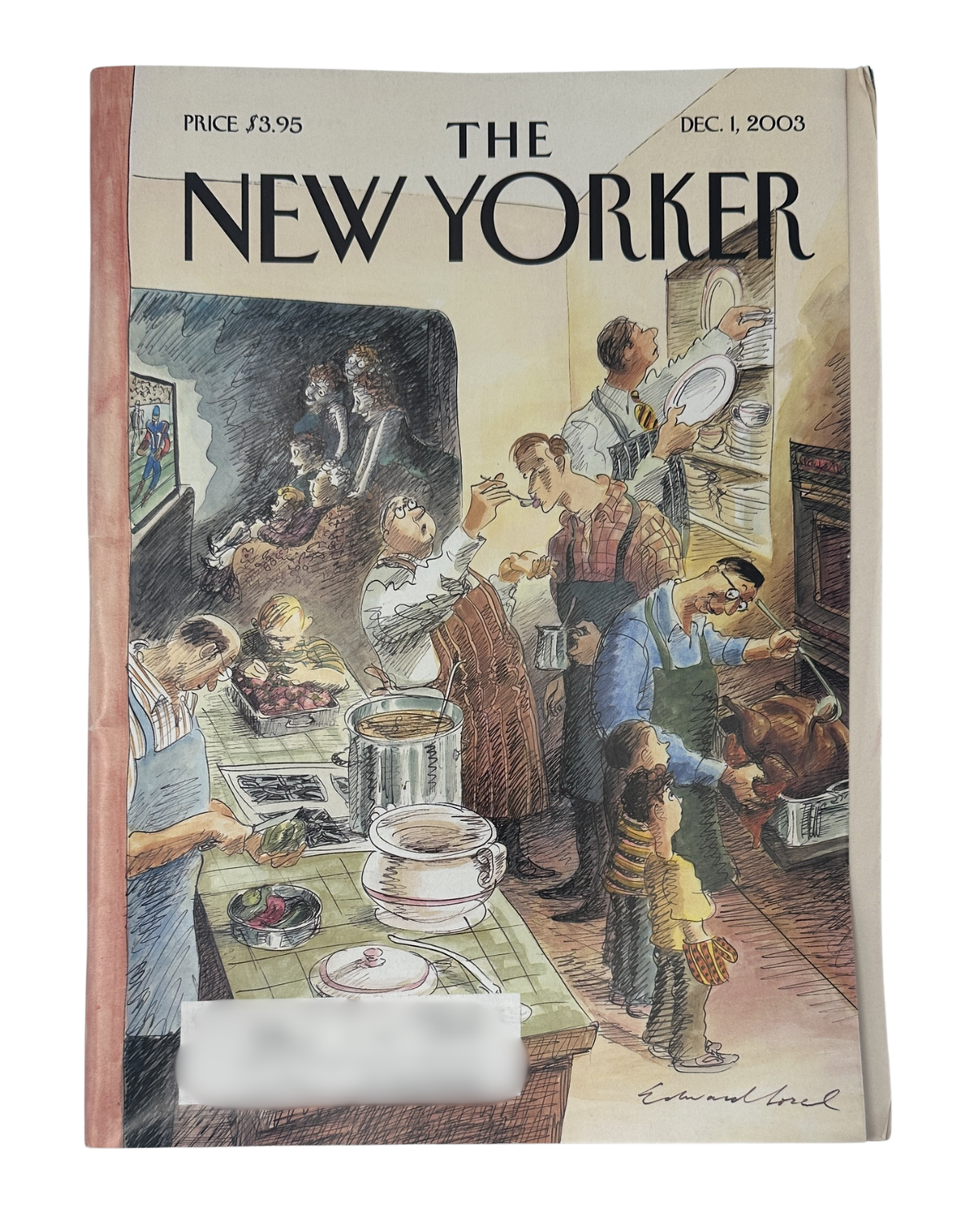 The New Yorker Magazine December 1, 2003 Thanksgiving Kitchen Family Edward Sorel Cover, featuring an illustrated Thanksgiving kitchen scene with family members preparing a meal.