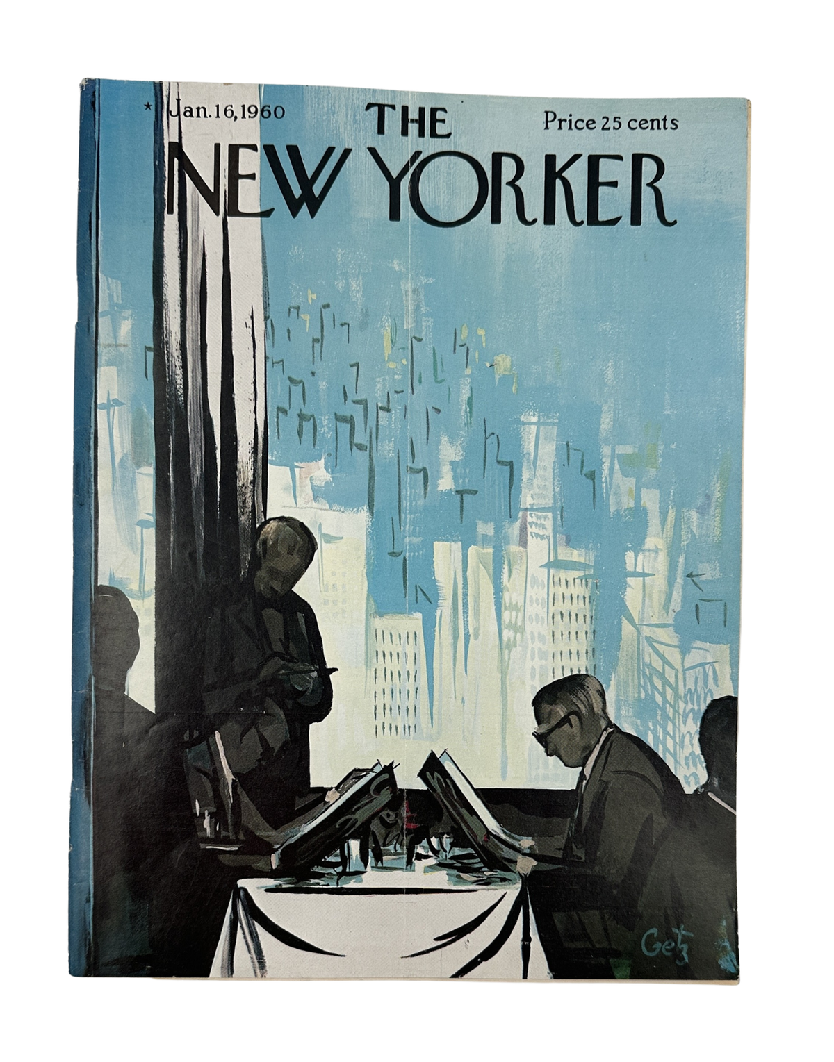 The New Yorker Magazine January 16, 1960 Restaurant City View Arthur Getz Cover, vintage illustrated cover showing diners reading menus at a restaurant table with a city skyline view