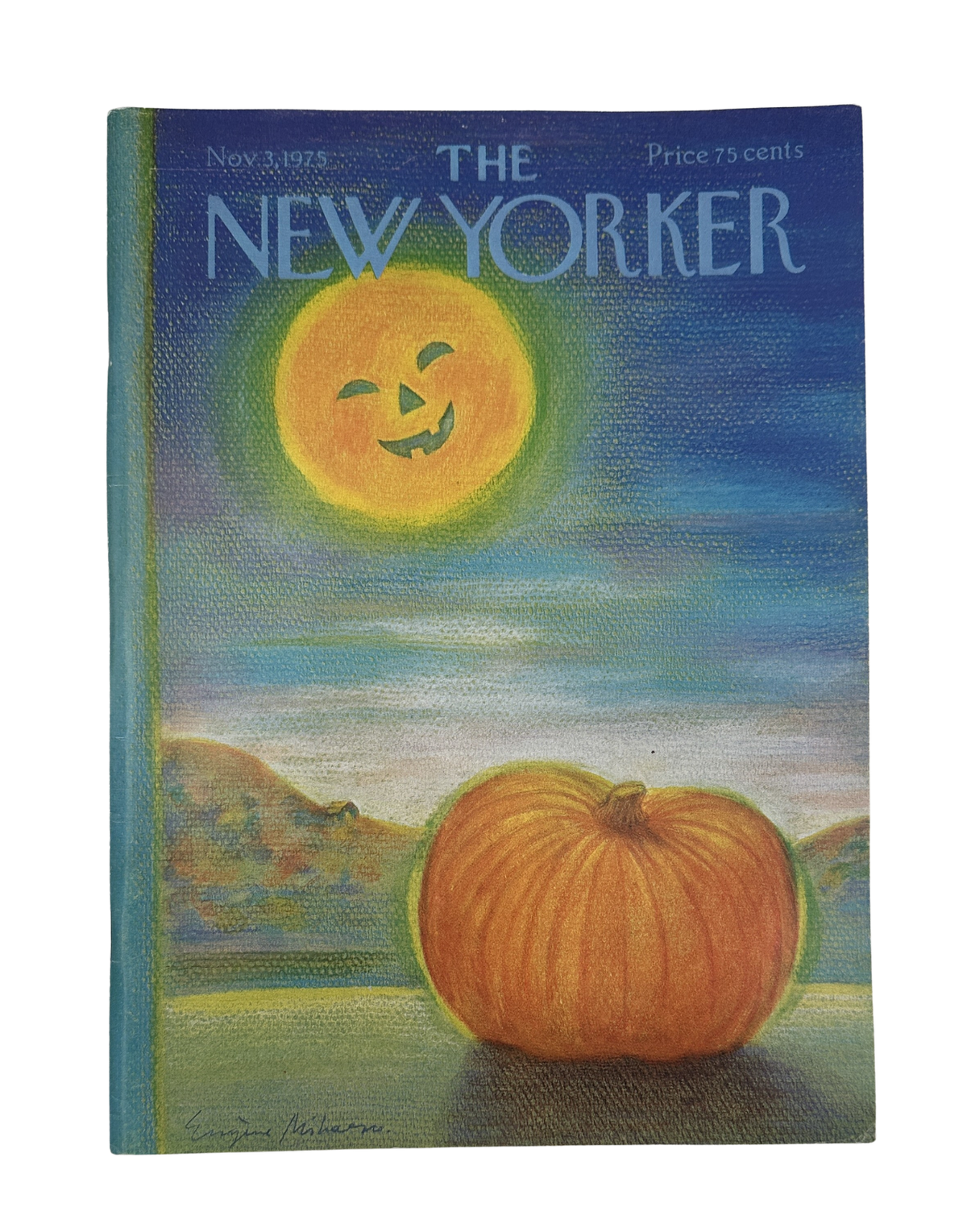 The New Yorker Magazine November 3, 1975 Halloween Pumpkin Eugène Mihaesco Cover VG, featuring a glowing jack-o'-lantern in a moonlit landscape with a pumpkin in the foreground.