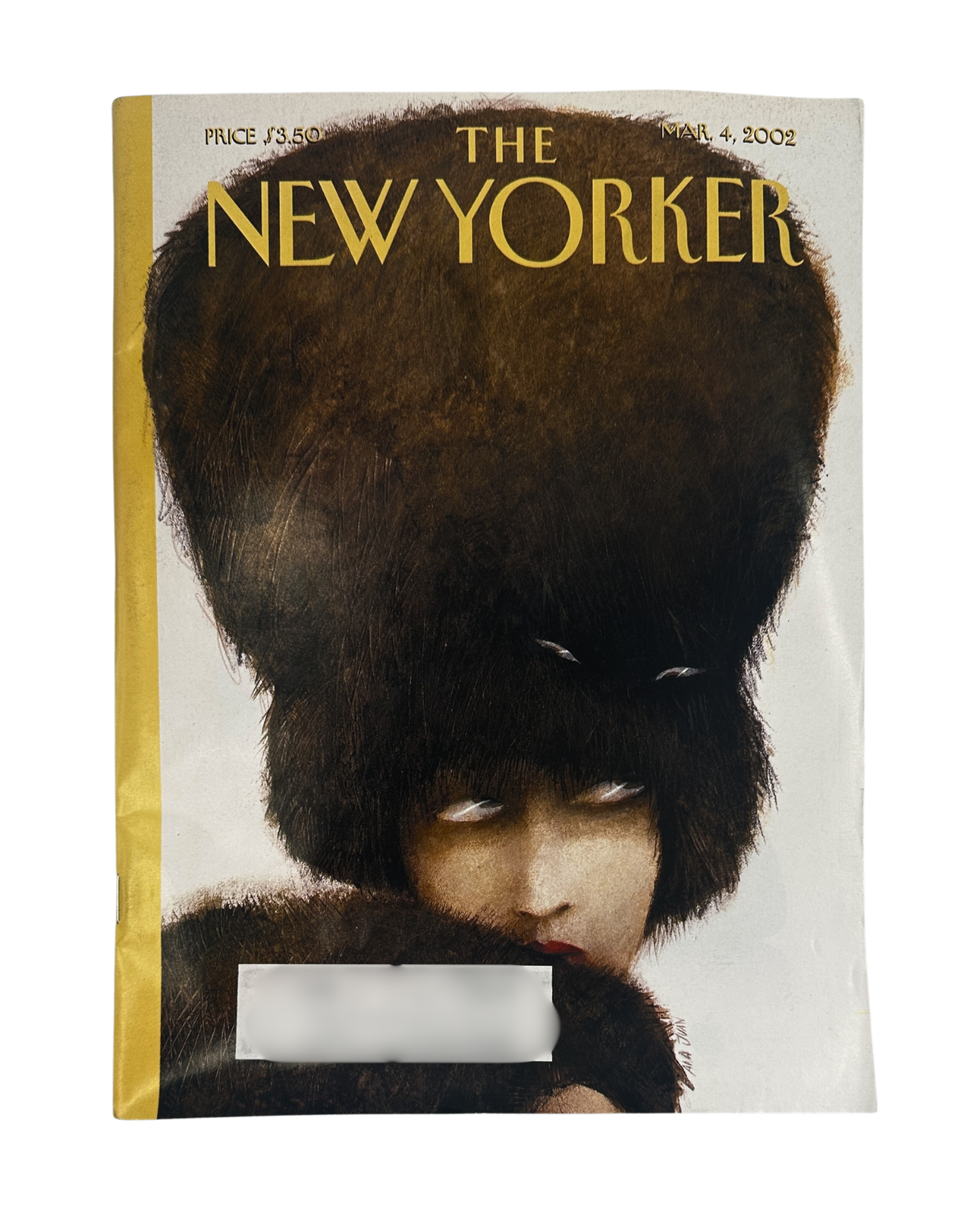 The New Yorker Magazine March 4, 2002 Fur Hat Fashion Ana Juan Cover featuring a woman wearing an oversized dark fur hat