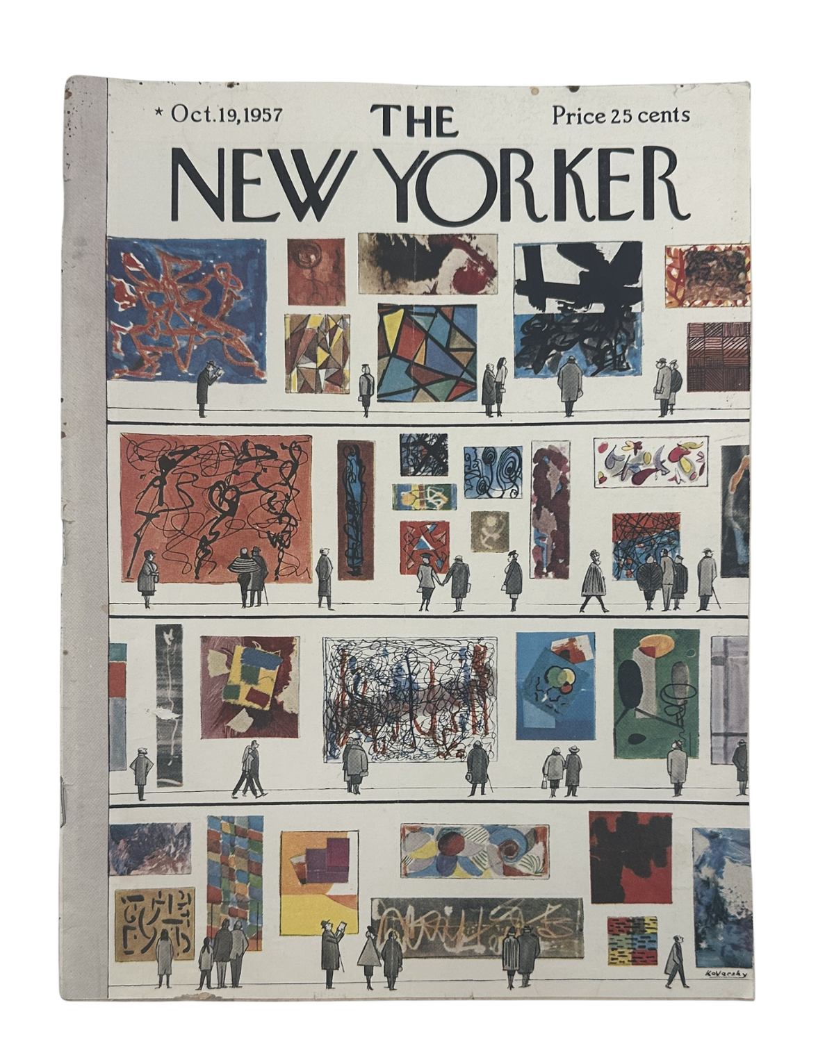 The New Yorker Magazine October 19, 1957 Art Gallery Abstract Anatol Kovarsky Cover, featuring an illustrated art gallery scene with colorful abstract paintings and visitors.