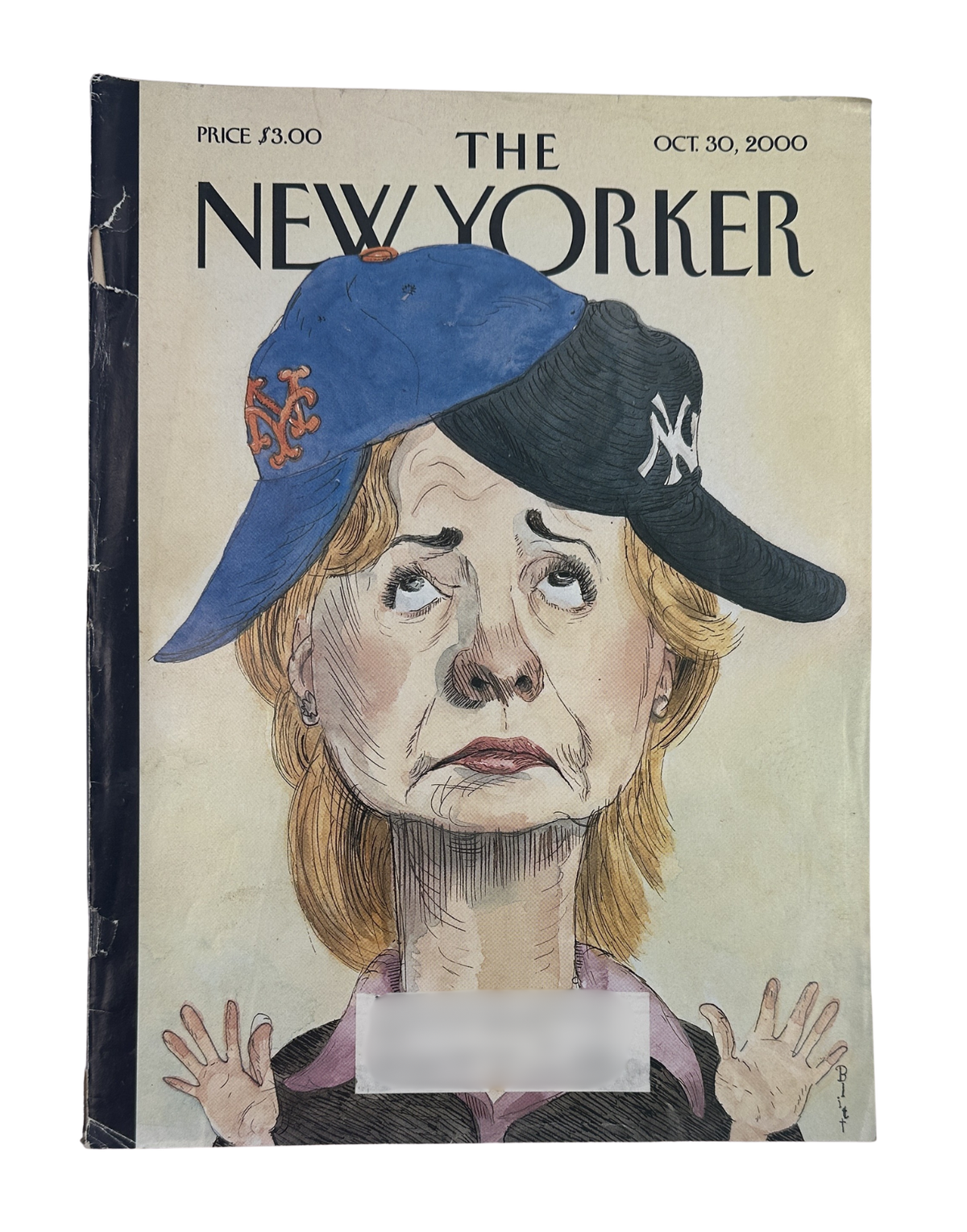 The New Yorker Magazine October 30, 2000 Baseball Caps Twin Bill Barry Blitt Cover, featuring Barry Blitt’s illustrated cover of a woman wearing New York Mets and Yankees baseball caps.