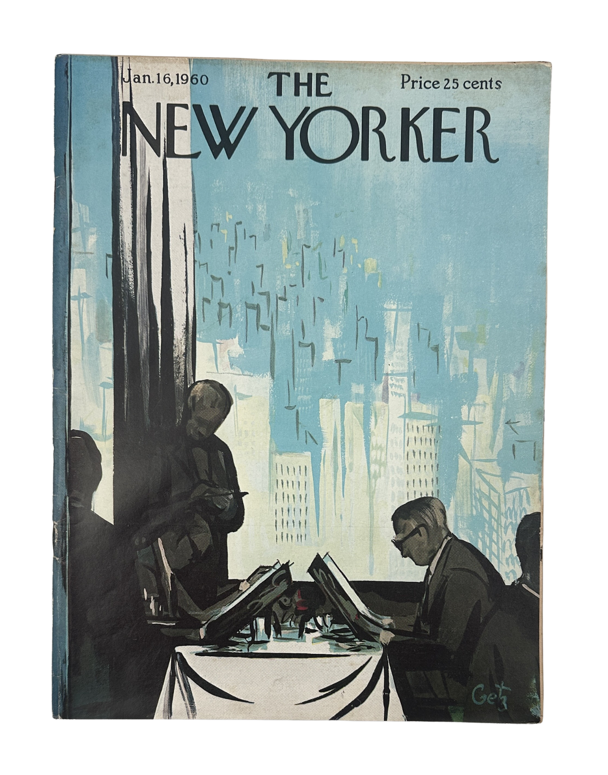 The New Yorker Magazine January 16, 1960 Restaurant Skyline Arthur Getz Cover VG, featuring an illustrated restaurant scene with diners overlooking the New York City skyline.