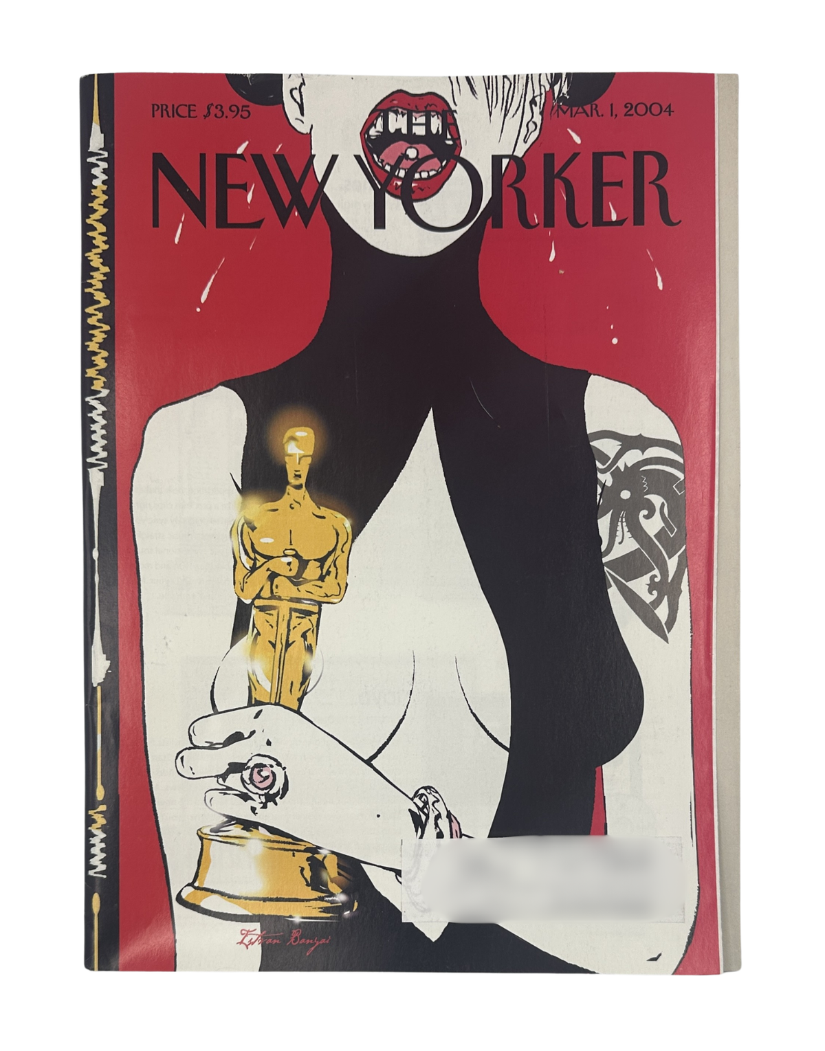 The New Yorker Magazine March 1, 2004 Wardrobe Malfunction Istvan Banyai Cover featuring the illustrated magazine front cover with a stylized figure, Oscar statue, and red and black artwork.