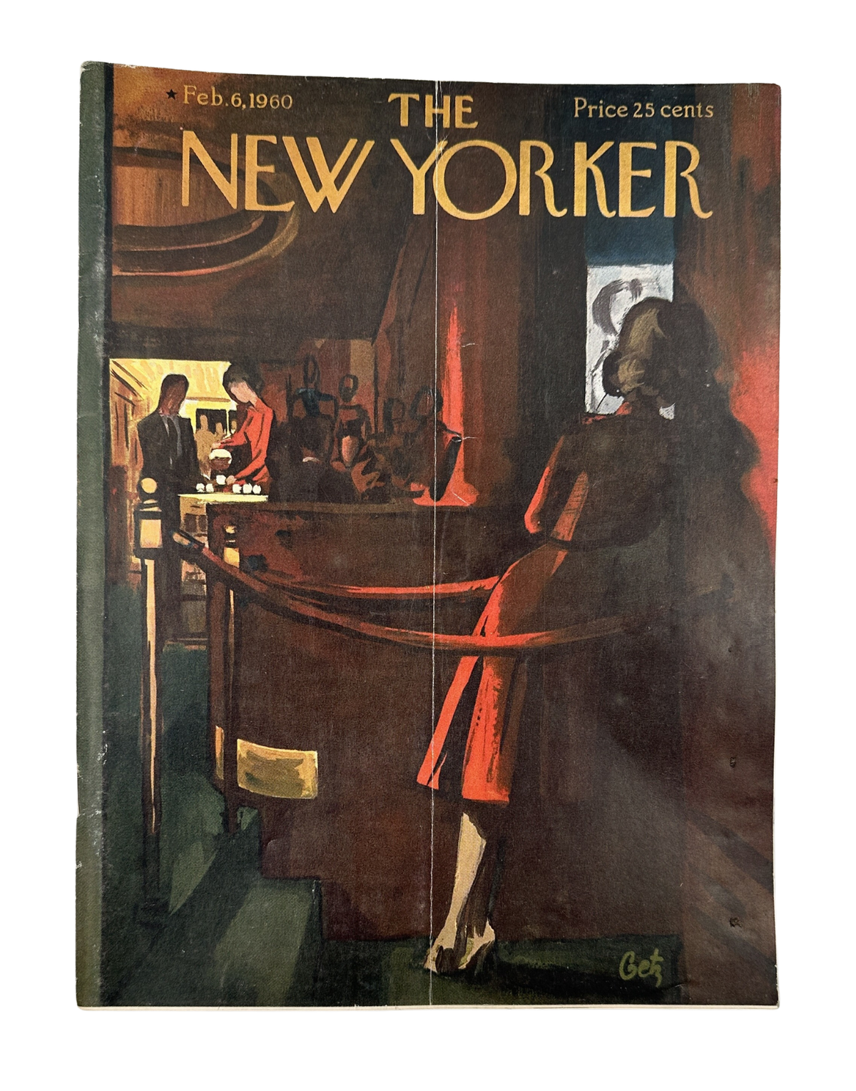 The New Yorker Magazine February 6, 1960 Coat Check Scene Arthur Getz Cover featuring a woman in a red dress at a theater coat check