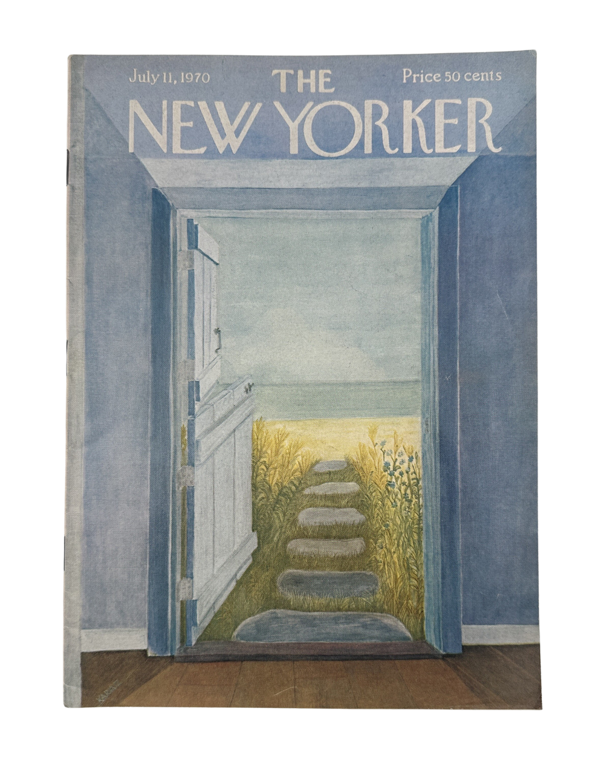 The New Yorker Magazine July 11, 1970 Ilonka Karasz Seaside Door Ilonka Karasz Cover, featuring an illustrated open door leading to a seaside path and ocean view.