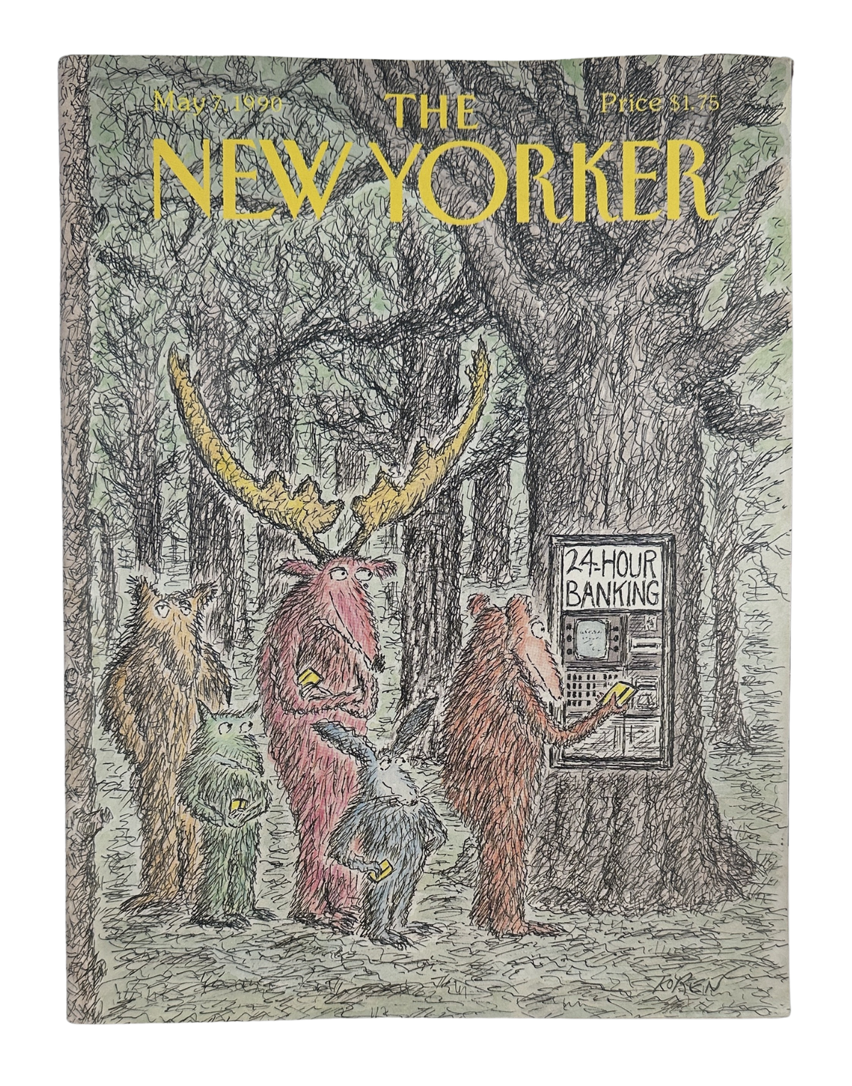 The New Yorker Magazine May 7, 1990 Forest ATM Animal Banking Edward Koren Cover VG, featuring illustrated forest animals using a 24-hour banking ATM.