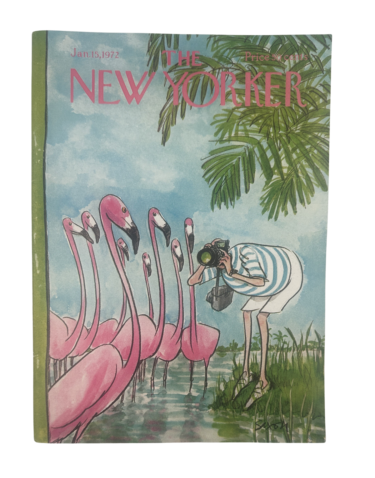 The New Yorker Magazine January 15, 1972 Tropical Flamingo Photographer Charles Saxon cover featuring pink flamingos and a photographer in a tropical wetland