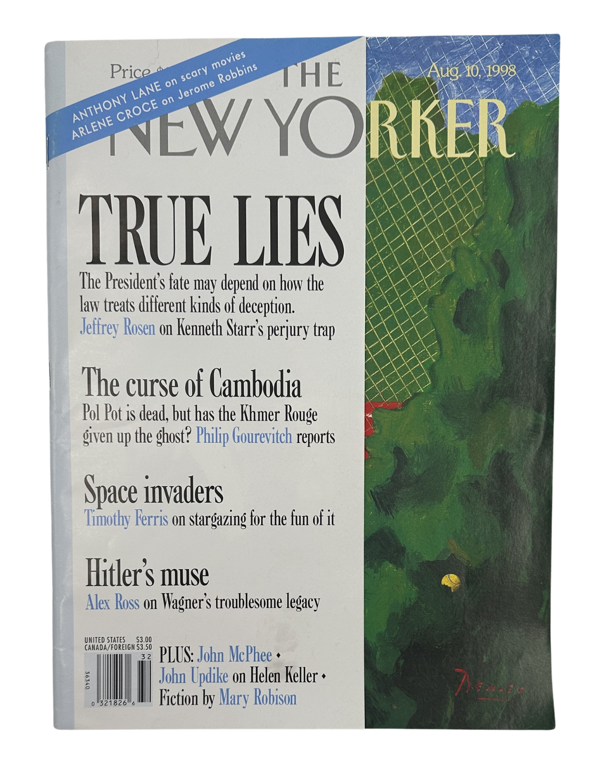 The New Yorker Magazine August 10, 1998 Advantage Out Benoit van Innis Cover VG front cover featuring True Lies, the curse of Cambodia, space invaders, and Hitler's muse headlines