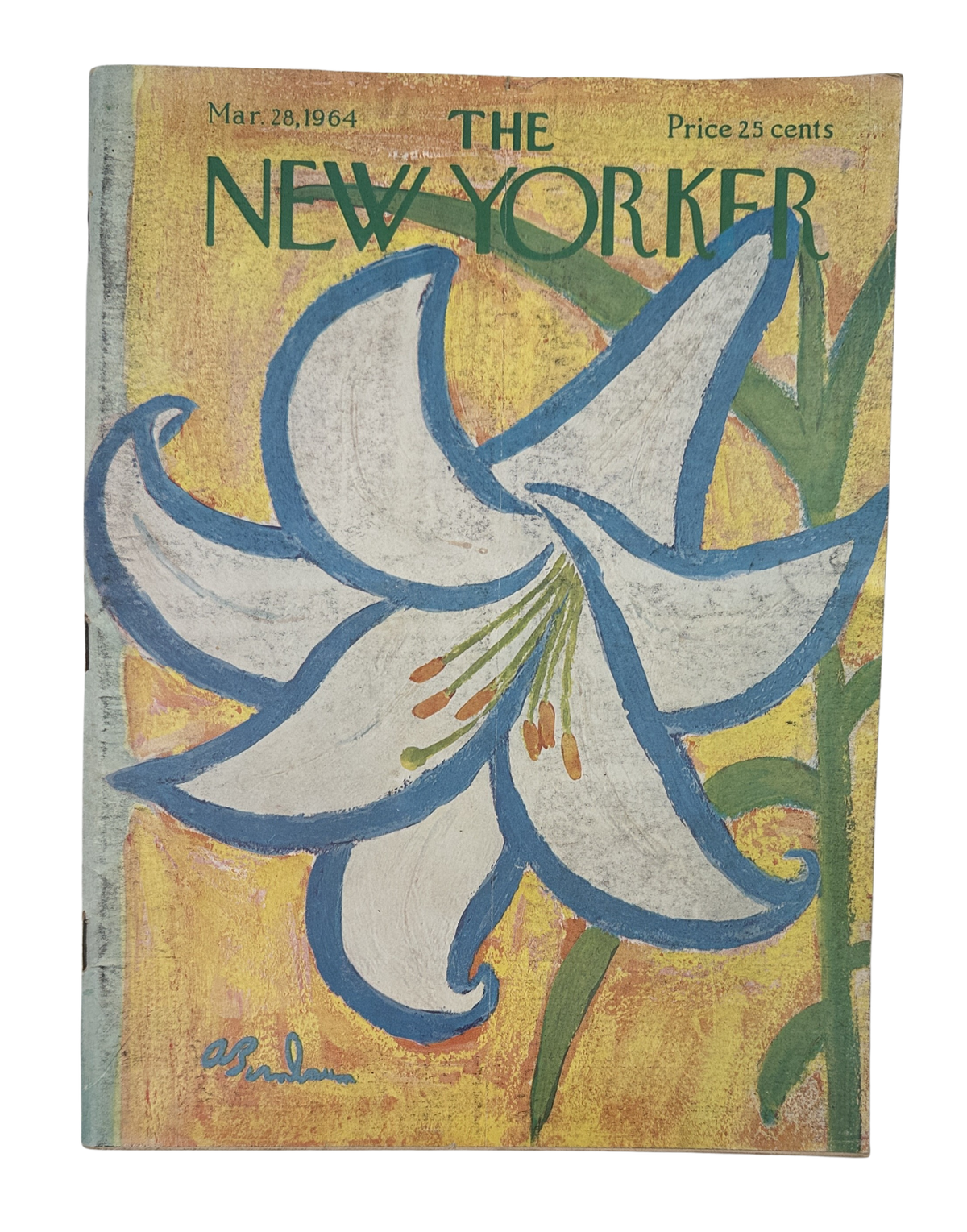 The New Yorker Magazine March 28, 1964 Lily Flower Abe Birnbaum Cover, vintage magazine front cover featuring a large white lily illustration.
