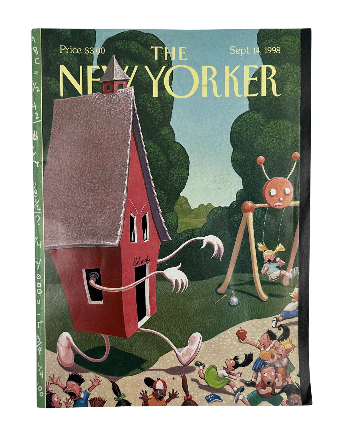 The New Yorker Magazine September 14, 1998 Running Schoolhouse William Joyce Cover VG, featuring a whimsical illustrated red schoolhouse with animated legs and a playful crowd of children and creatures.