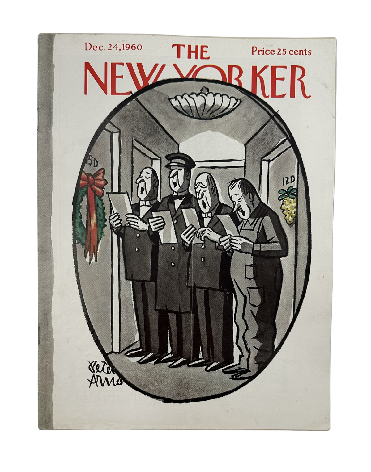 The New Yorker Magazine December 24, 1960 Christmas issue cover featuring Peter Arno artwork of four carolers singing at a doorway.