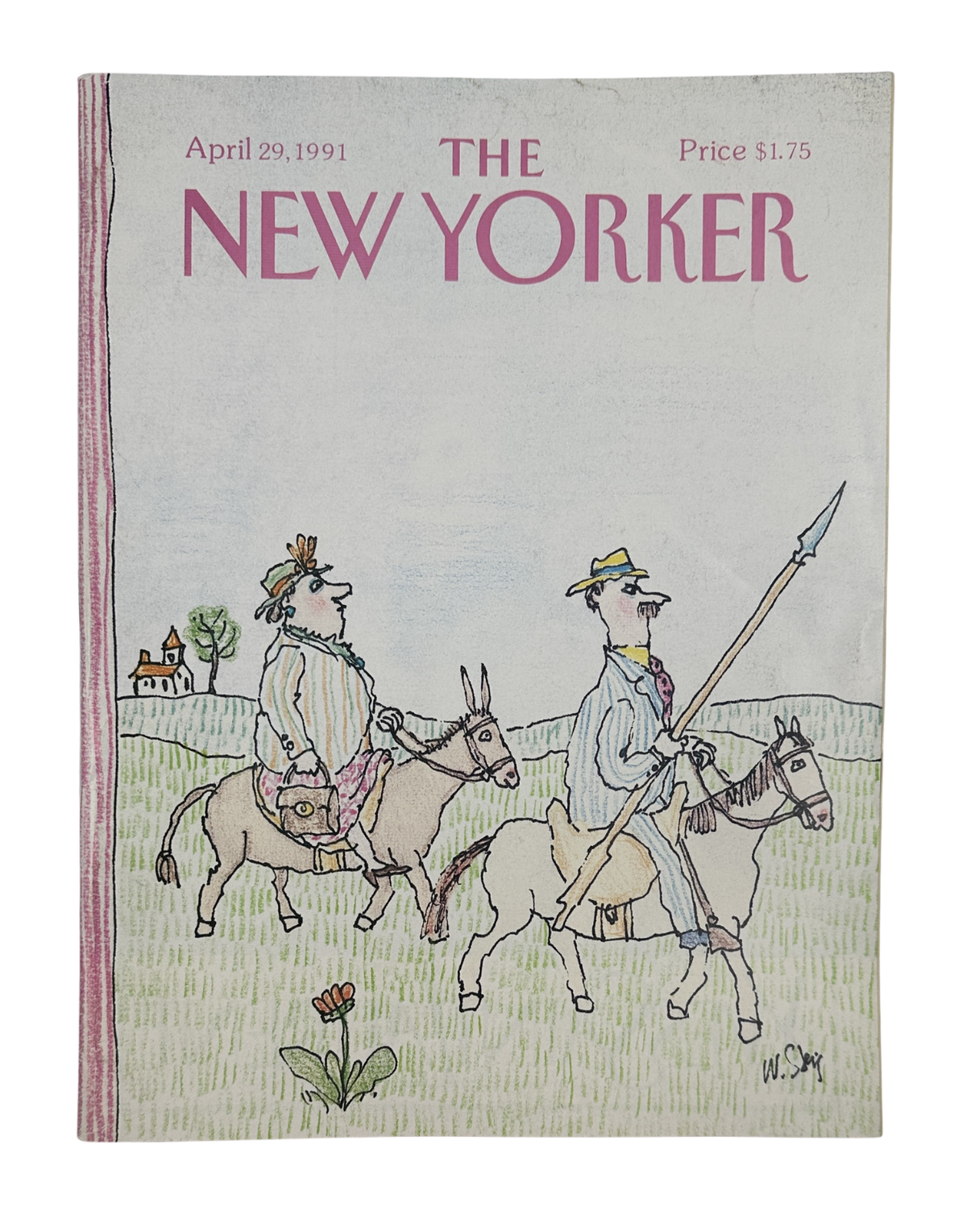 The New Yorker Magazine April 29, 1991 Donkey Riders Spear William Steig Cover VG, featuring an illustrated cover of two donkey riders carrying spears across a countryside.