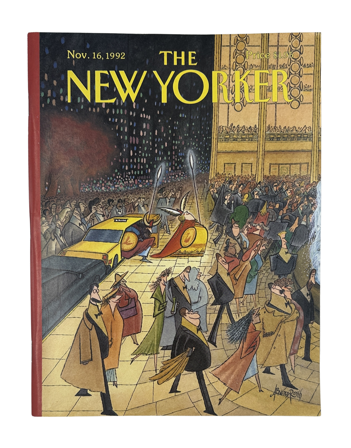 The New Yorker Magazine November 16, 1992 Rainy City Crowd Taxi Arnold Roth Cover VG, front cover showing a rainy city street crowded with pedestrians, yellow taxis, and umbrellas.