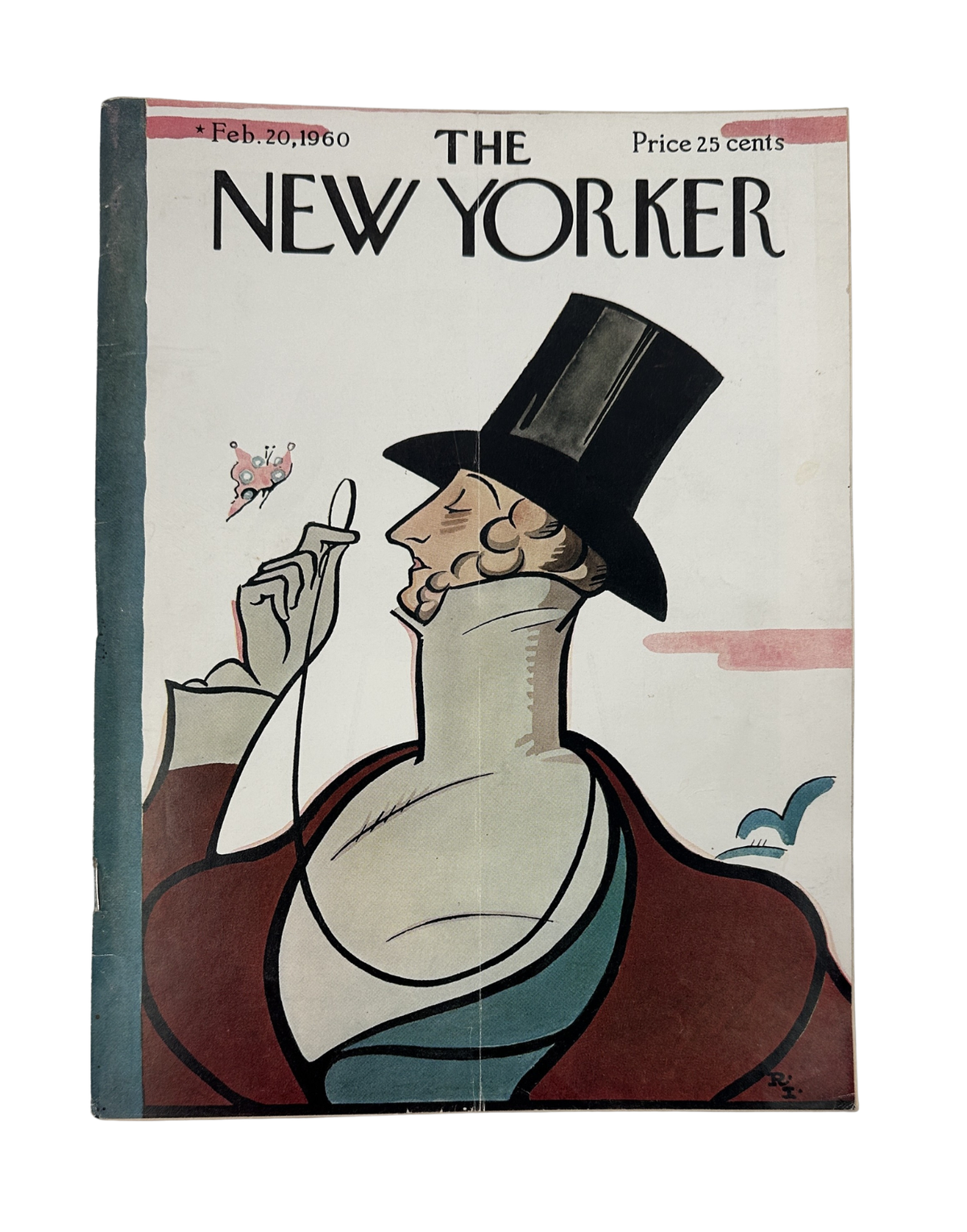 The New Yorker Magazine February 20, 1960 Tilley Butterfly Rea Irvin Cover, featuring a vintage illustrated figure in a top hat and colorful coat on the front cover.