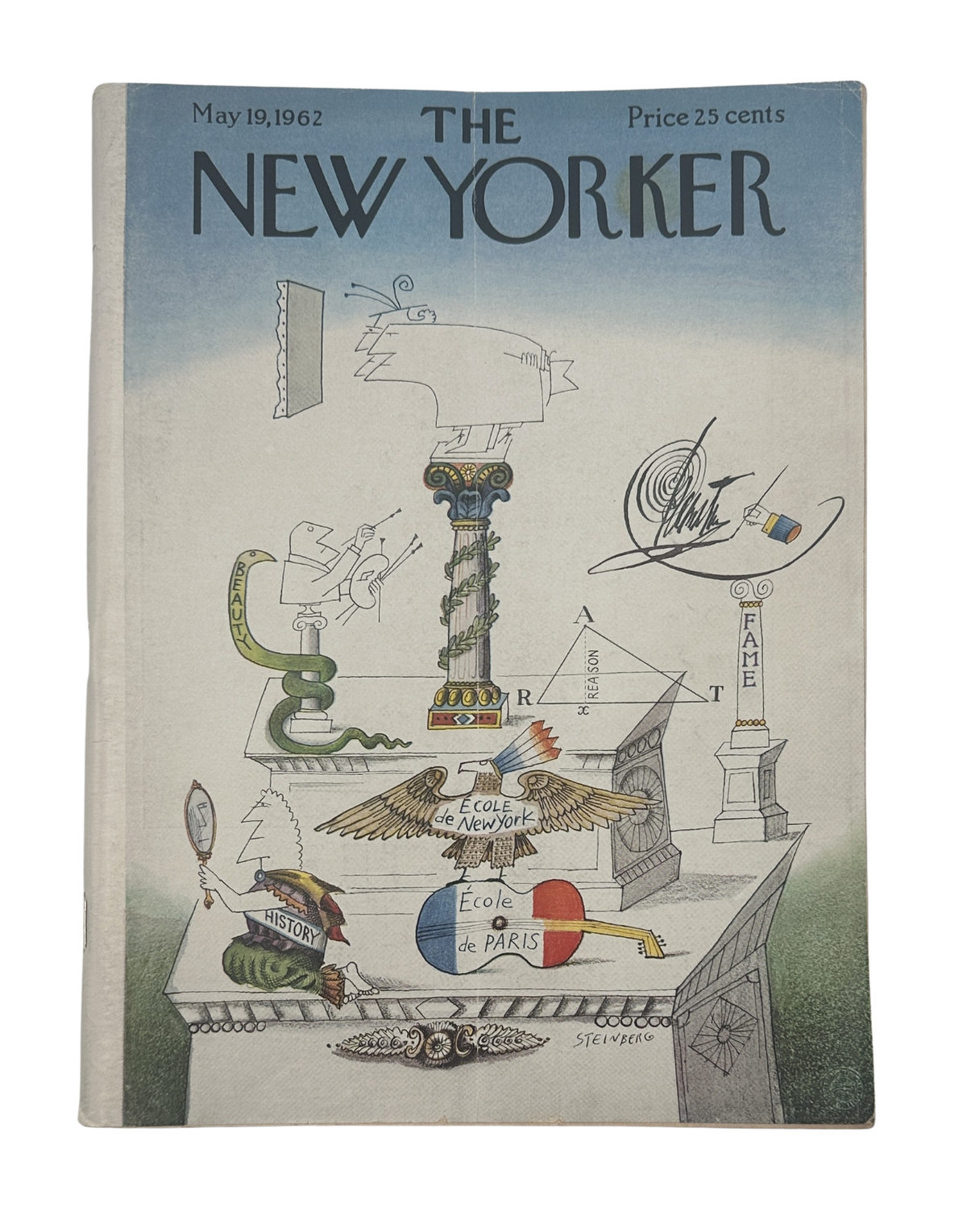 The New Yorker Magazine May 19, 1962 Art Symbols Saul Steinberg Cover, featuring an illustrated collage of art symbols and objects on the vintage front cover.