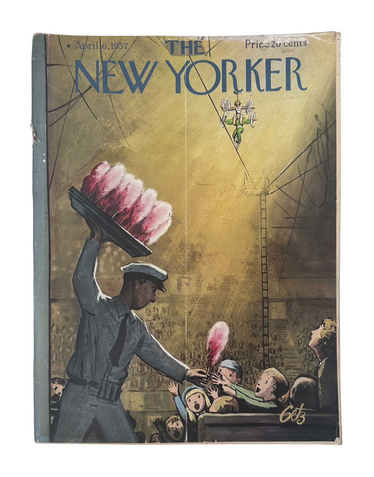 The New Yorker Magazine April 6, 1957 Cotton Candy Tightrope Arthur Getz Cover featuring a street vendor selling cotton candy to children beneath a tightrope performer
