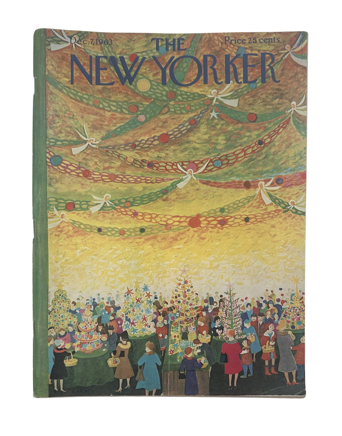 The New Yorker Magazine December 7, 1963 Christmas Gifts Garlands Ilonka Karasz Cover, featuring a festive holiday marketplace scene beneath colorful Christmas garlands.