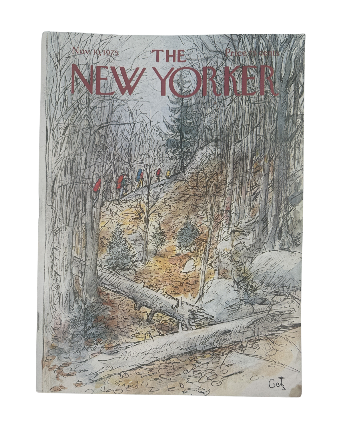 The New Yorker Magazine November 10, 1975 Autumn Forest Hikers Arthur Getz Cover, featuring hikers walking through an illustrated autumn forest.