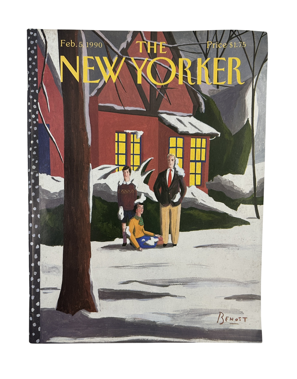 The New Yorker Magazine February 5, 1990 Snowy Family Home Benoît van Innis Cover VG, featuring a family standing outside a snow-covered home with a large tree and winter landscape.