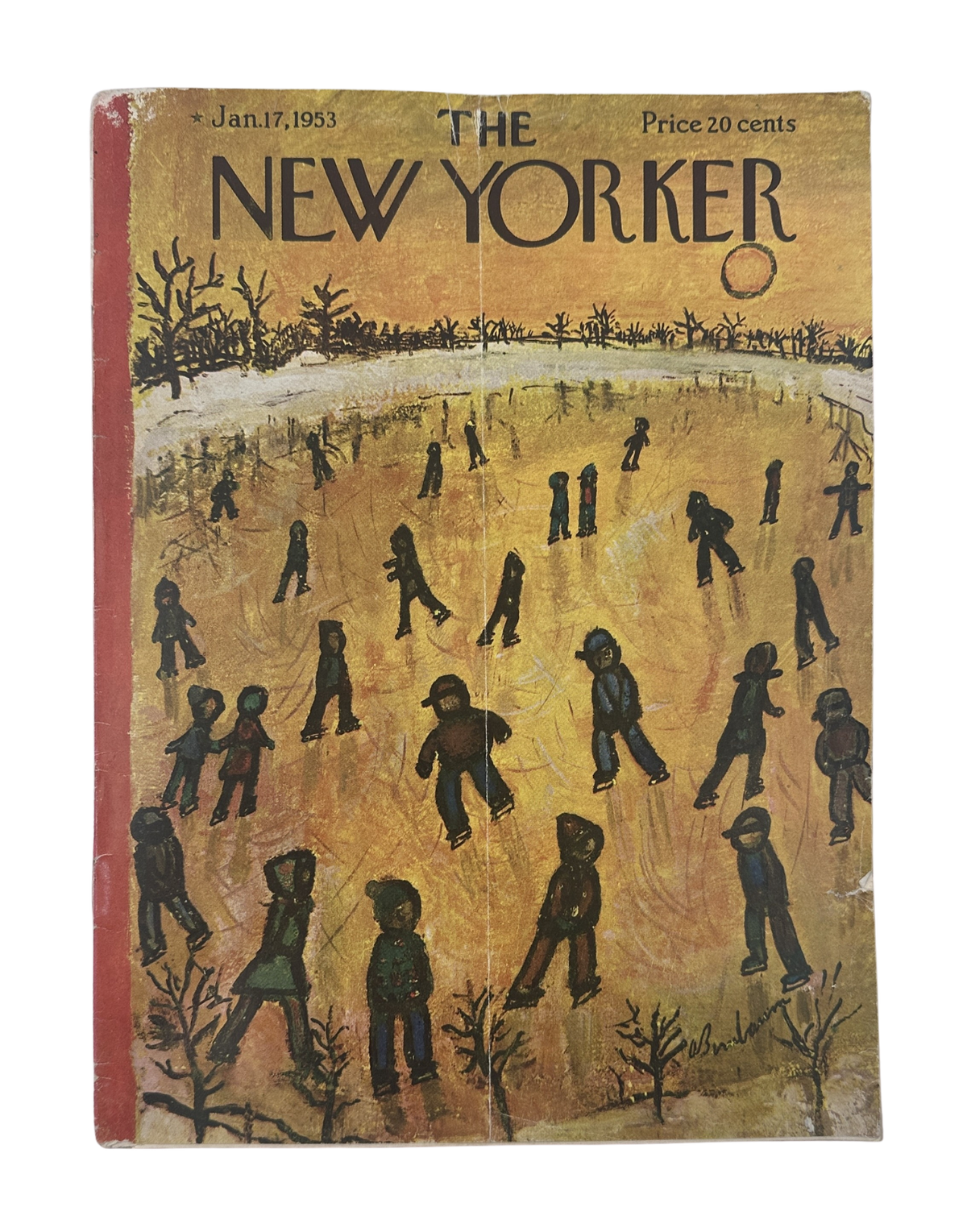 The New Yorker Magazine January 17, 1953 Ice Skating Abe Birnbaum Cover featuring illustrated ice skaters on a frozen pond
