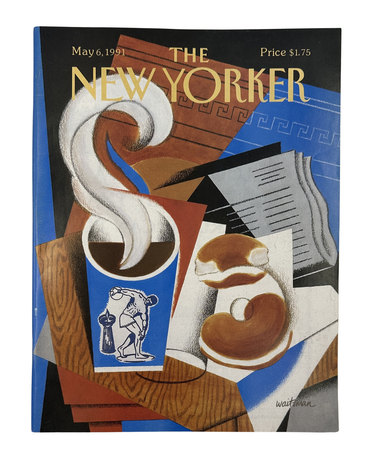 The New Yorker Magazine May 6, 1991 Coffee Pastry Desk William Waitzman Cover VG, illustrated front cover featuring a steaming coffee cup, pastry, papers, and desk items