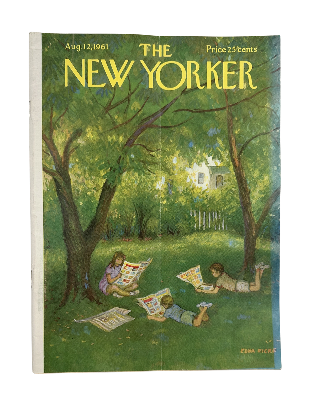The New Yorker Magazine August 12, 1961 Children Reading Comics Edna Eicke cover featuring two children reading comics outdoors in a garden