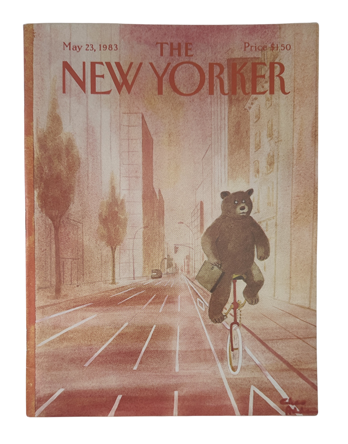 The New Yorker Magazine May 23, 1983 Bear Unicycle City Charles Addams Cover VG, featuring the illustrated Charles Addams cover of a bear riding a unicycle through a city street.