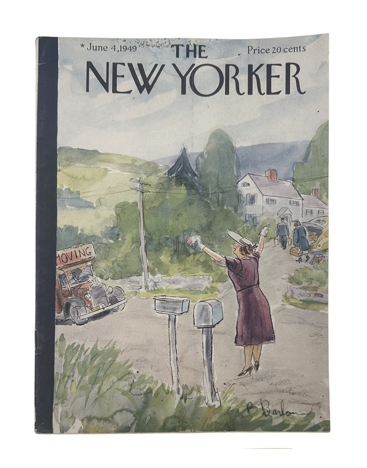 The New Yorker Magazine June 4, 1949 Moving Day Country Road Perry Barlow Cover, showing the illustrated vintage front cover with a woman signaling beside a moving truck on a country road.