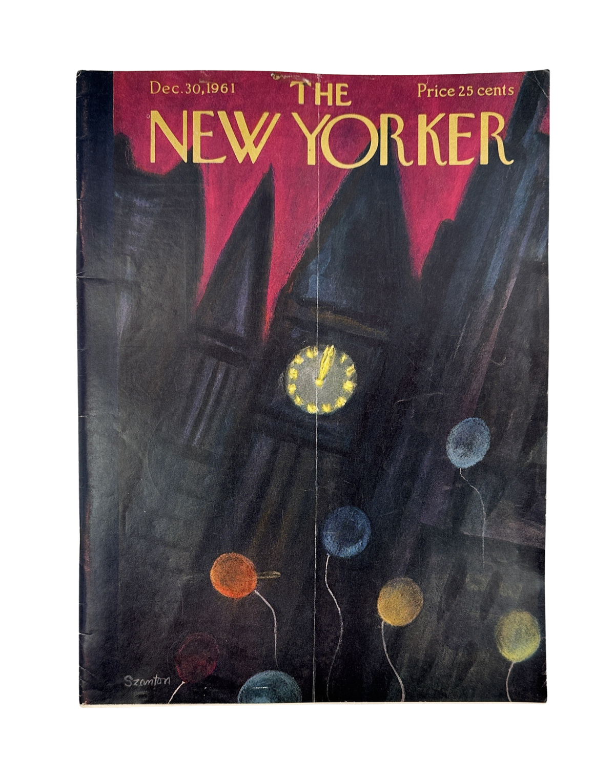 The New Yorker Magazine December 30, 1961 New Year's Eve Clock Balloons Beatrice Szanton, vintage magazine cover featuring colorful balloons and a glowing clock at midnight