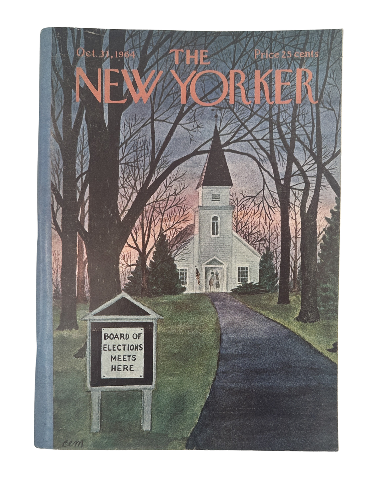The New Yorker Magazine October 31, 1964 Church Election Board Charles Martin Cover, featuring a New England church, autumn trees, and a board announcing an election meeting.